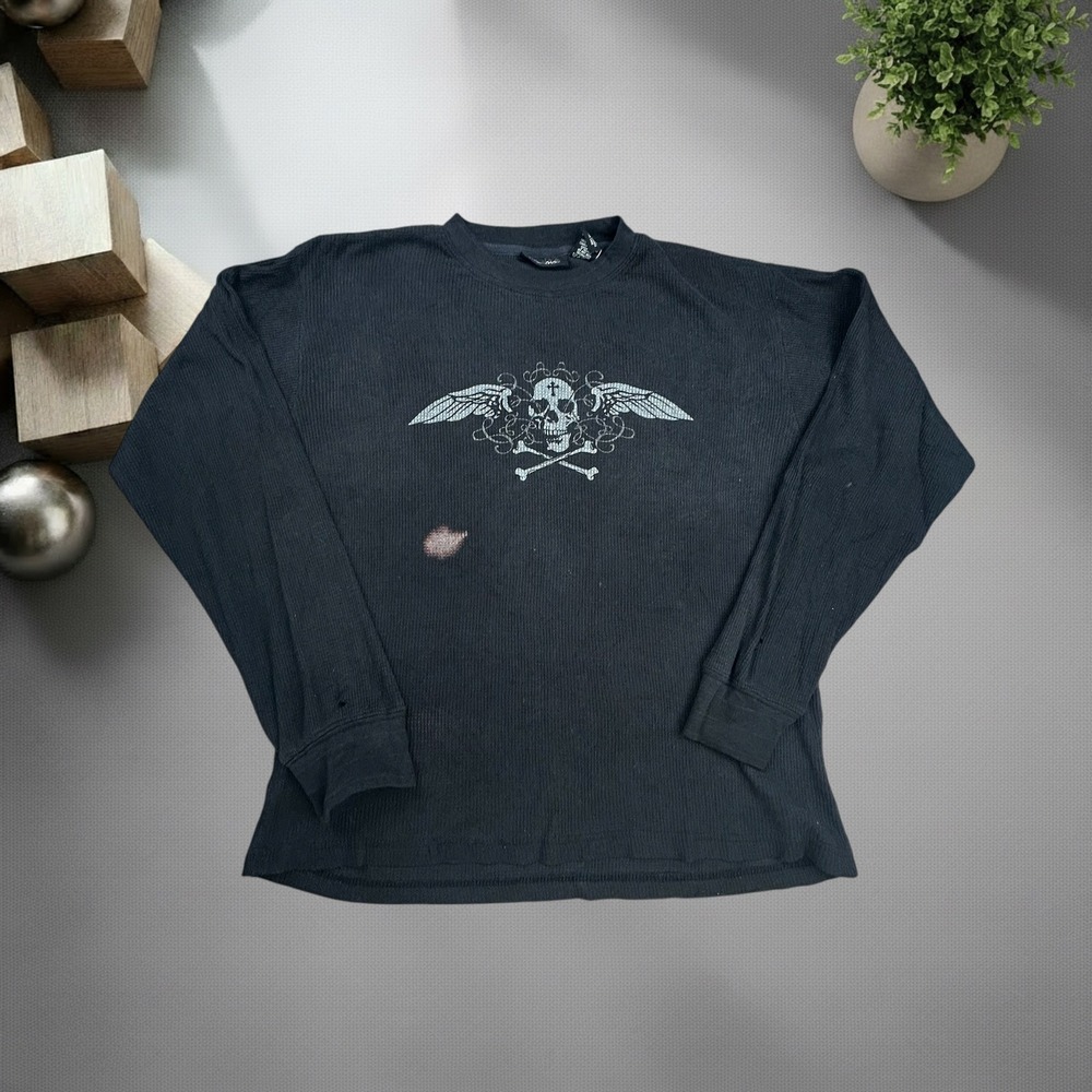Vintage Street Wear Skull Wings Thermal Shirt Black Y2K Skater Grunge M